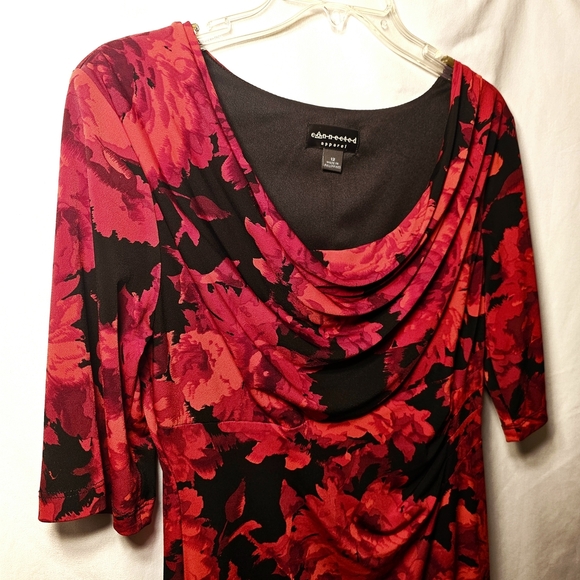 Connected Apparel Womens Red Black Floral Cowl Ruched Dress Size 12 - Picture 3 of 7